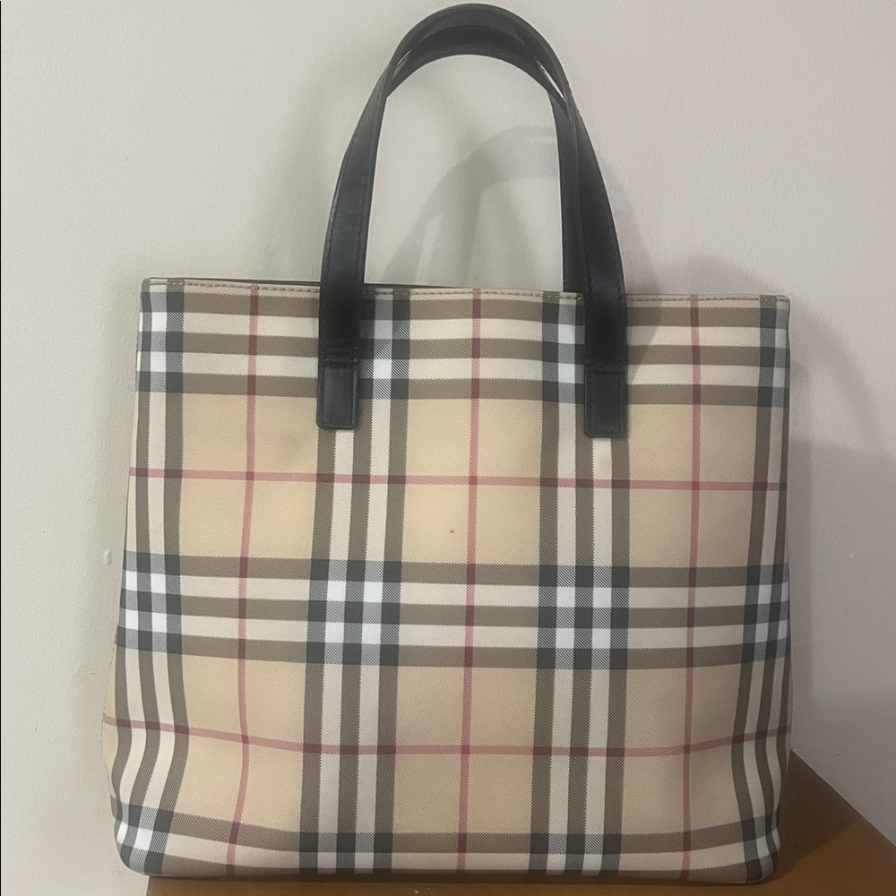 Classic Burberry Beige and Black Checkered Tote Bag